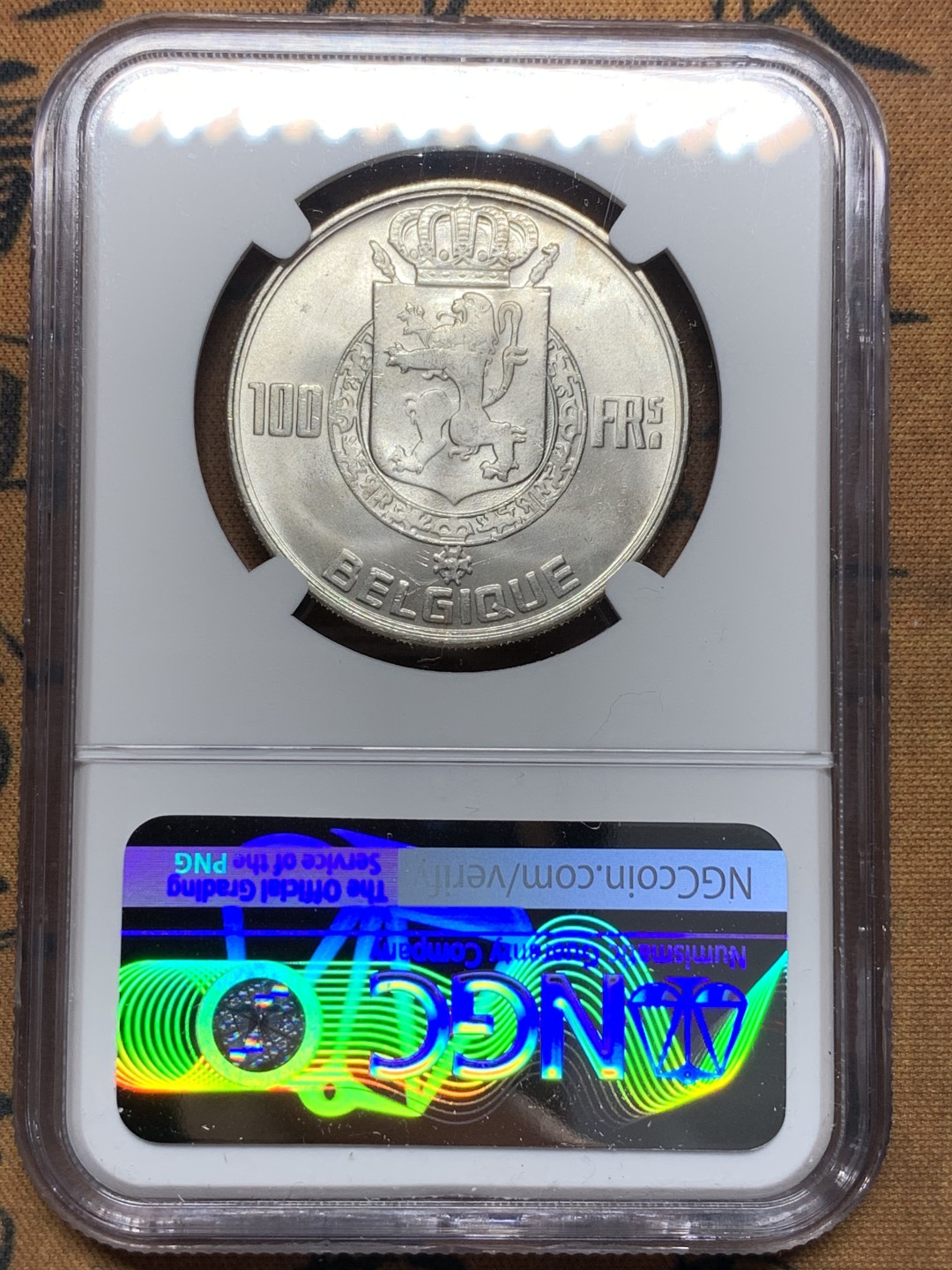 《竞宝斋》第112场-周日，周一 ，2场连拍（全场包邮） NGC-MS64 比利时1954年 四皇 100法郎大银币 顶级好品