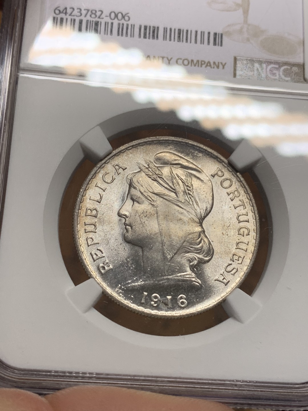 《竞宝斋》第112场-周日，周一 ，2场连拍（全场包邮） NGC-MS63 葡萄牙1916年 自由女神头像 50分半圆形银币 粉光好品