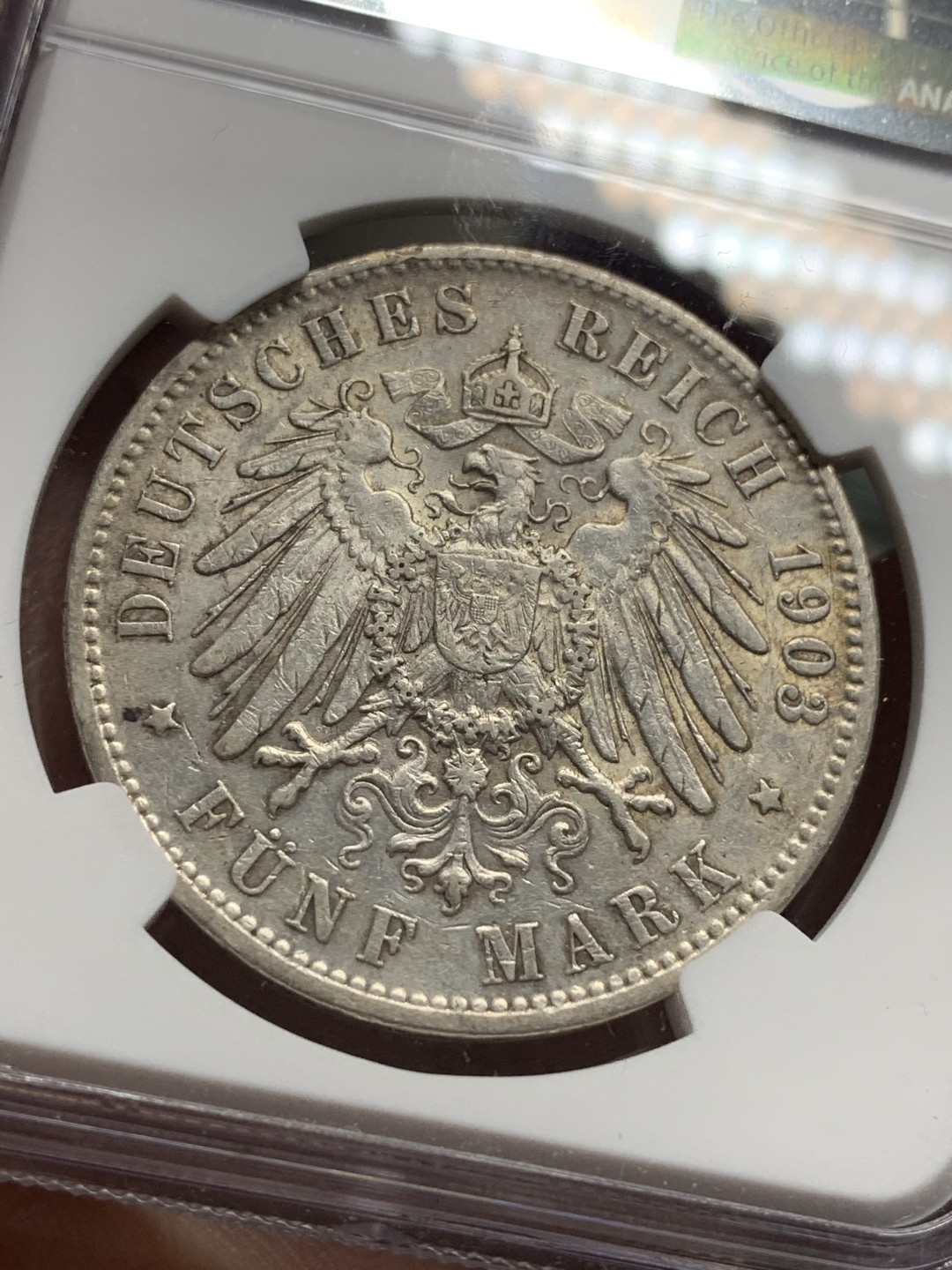 《竞宝斋》第112场-周日，周一 ，2场连拍（全场包邮） NGC-AU 德国汉堡 1903年双狮盾牌 5马克大银币 这个可以从新送评 单车变摩托