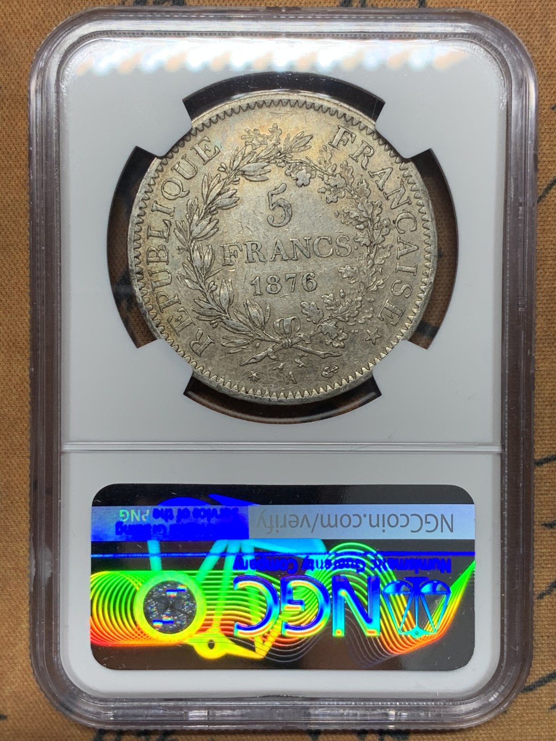 《竞宝斋》第112场-周日，周一 ，2场连拍（全场包邮） NGC-AU55 法国1876年大力神 5法郎大银币 带彩包浆 非常漂亮