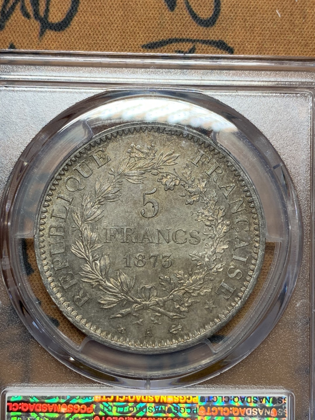 《竞宝斋》第112场-周日，周一 ，2场连拍（全场包邮） PCGS MS65 五彩法国1873年大力神5法郎银币高分好状态镜面底板