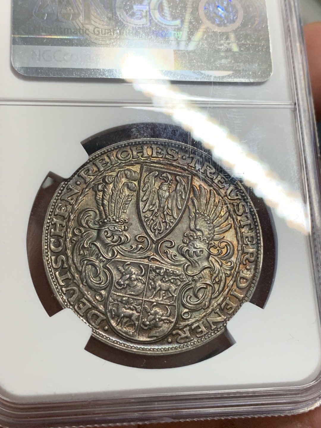 《竞宝斋》第112场-周日，周一 ，2场连拍（全场包邮） NGC-MS63 德国1927年兴登堡80大寿银章 深彩包浆 厚重而美丽