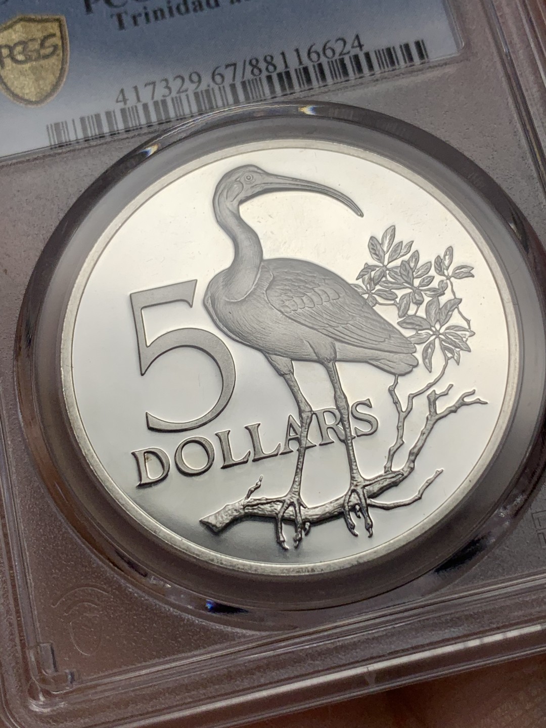 《竞宝斋》第112场-周日，周一 ，2场连拍（全场包邮） PCGS金盾 PR67DCAM 特立尼达和多巴哥1973年5元精制大银币，亚军分。925银，直径40mm，重量27.9g