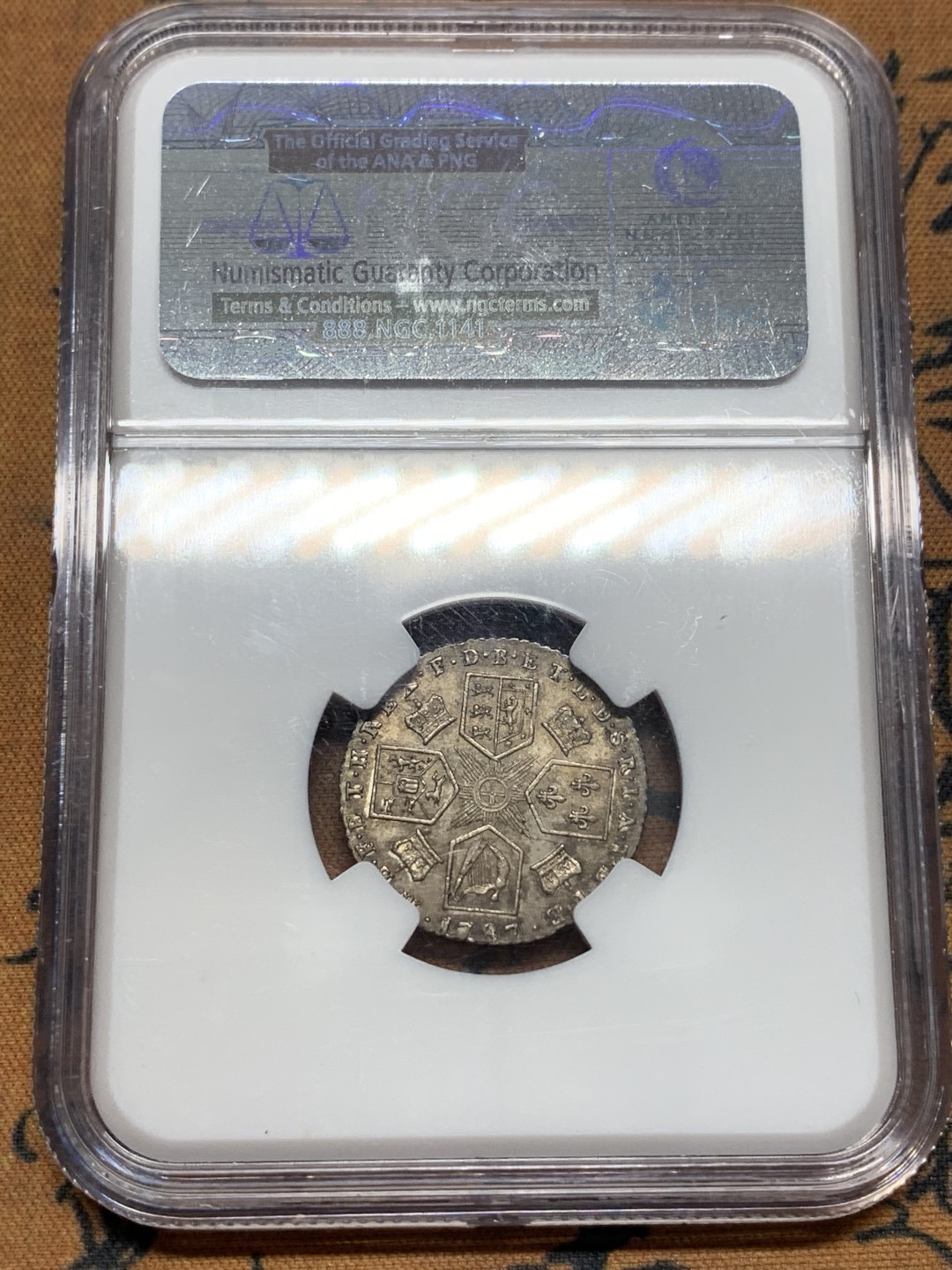 《竞宝斋》第112场-周日，周一 ，2场连拍（全场包邮） NGC MS62  英国乔三 1787 6便士 有心版 深彩包浆 老盒评级