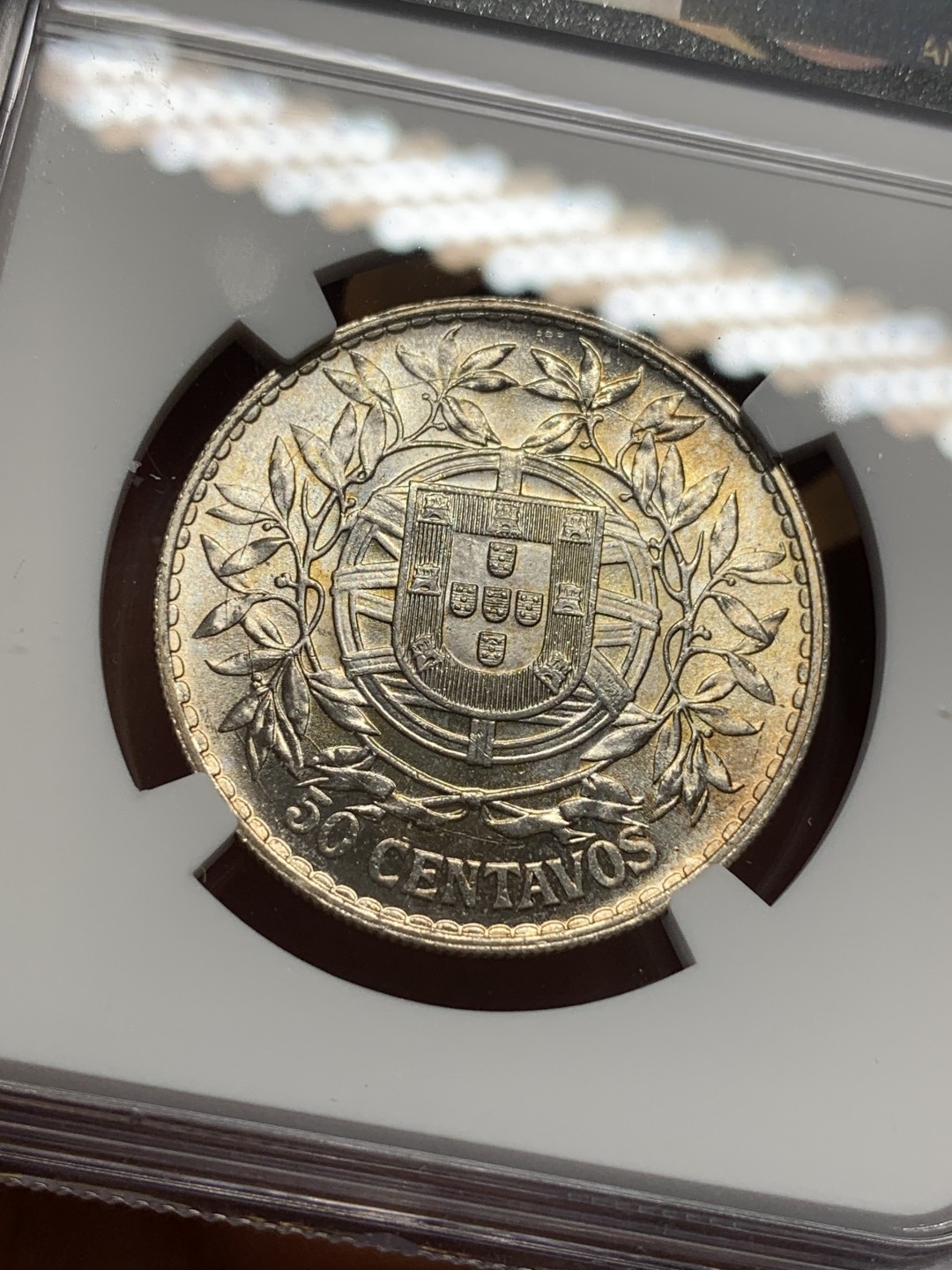 《竞宝斋》第112场-周日，周一 ，2场连拍（全场包邮） NGC-MS63 葡萄牙1916年 自由女神头像 50分半圆形银币 粉光好品