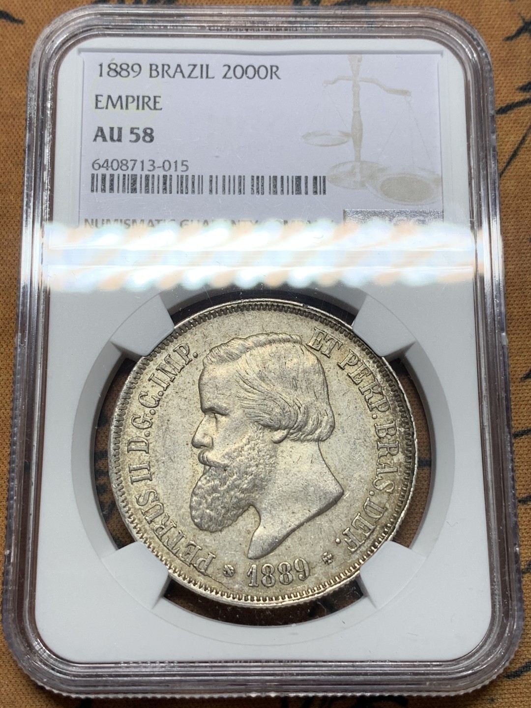 《竞宝斋》第112场-周日，周一 ，2场连拍（全场包邮） NGC-AU58 巴西1889年 佩德罗二世 2000R大银币 原光原味 暴涨品种