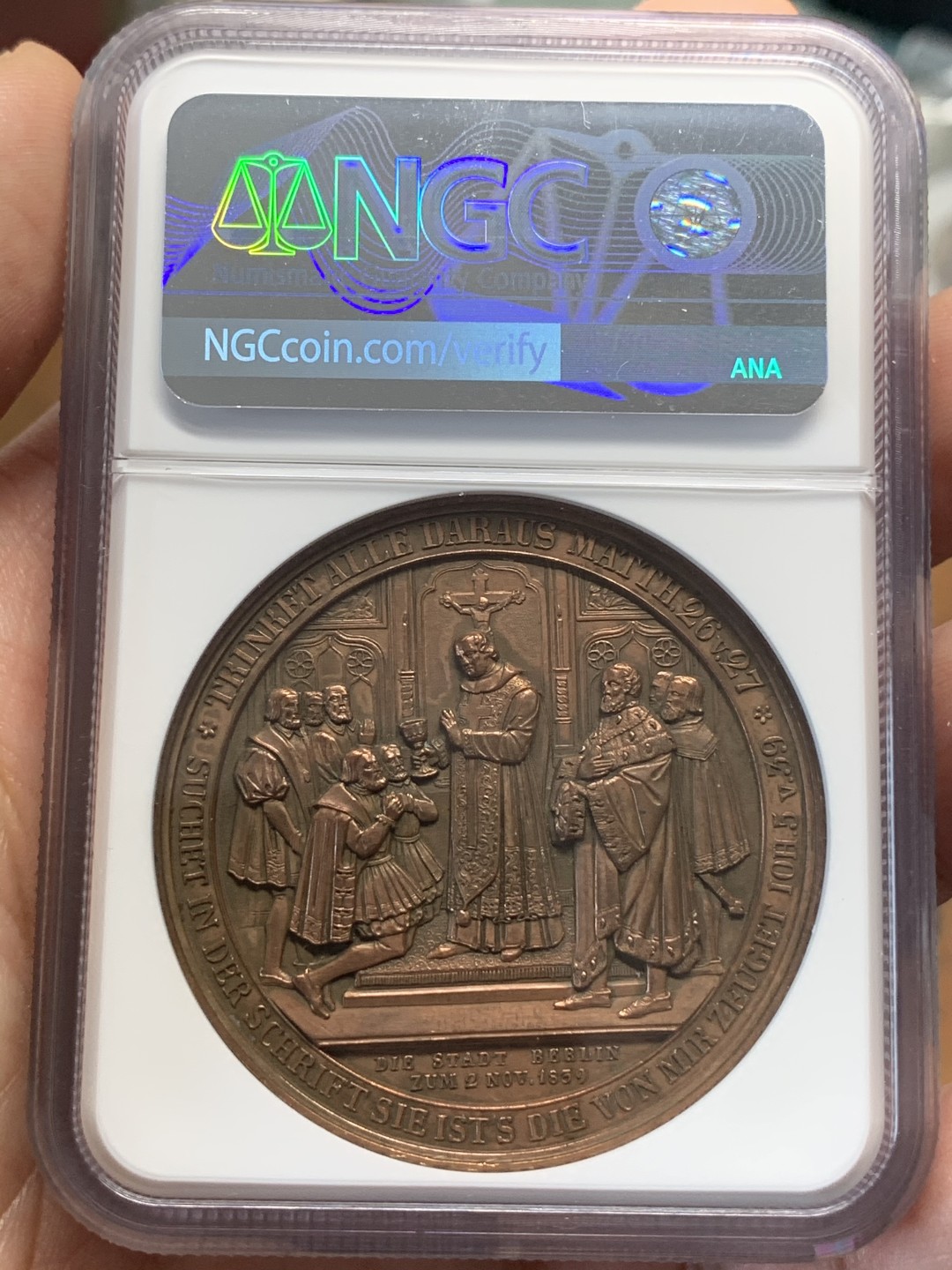 《竞宝斋》第112场-周日，周一 ，2场连拍（全场包邮） NGC UNC 德国1839宗教改革三百周年纪念铜章 加厚盒