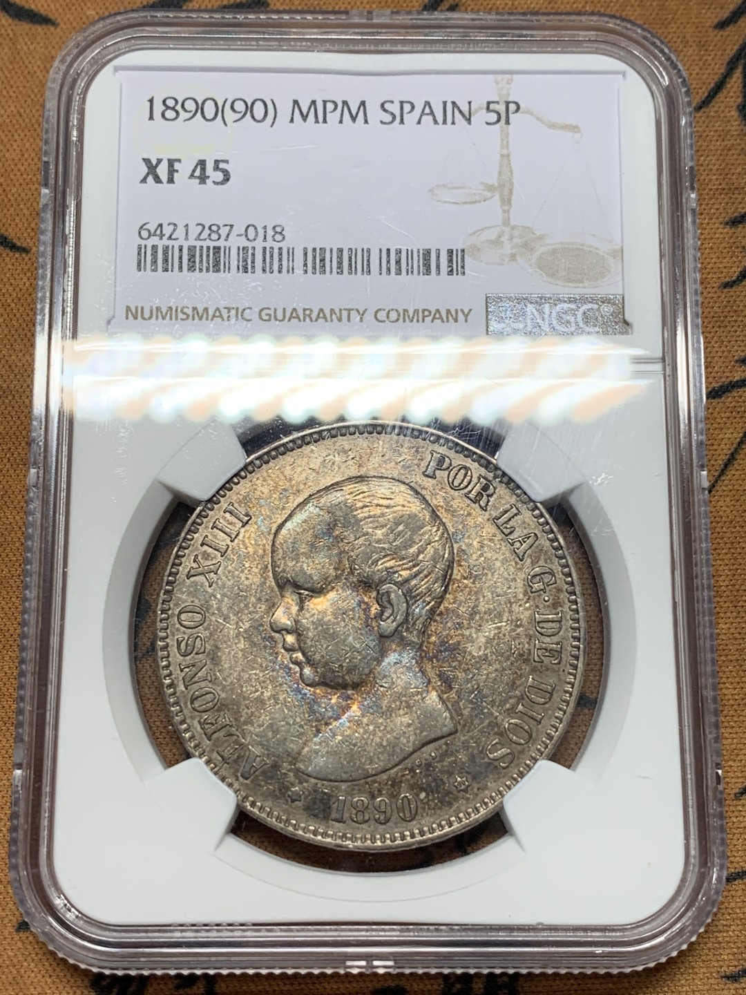 《竞宝斋》第112场-周日，周一 ，2场连拍（全场包邮） NGC XF45 西班牙1890年光头版阿方索十三世5比塞塔银币