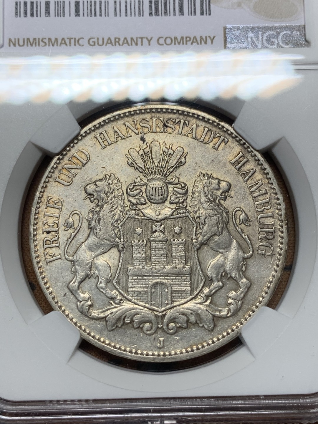 《竞宝斋》第112场-周日，周一 ，2场连拍（全场包邮） NGC-AU 德国汉堡 1903年双狮盾牌 5马克大银币 这个可以从新送评 单车变摩托