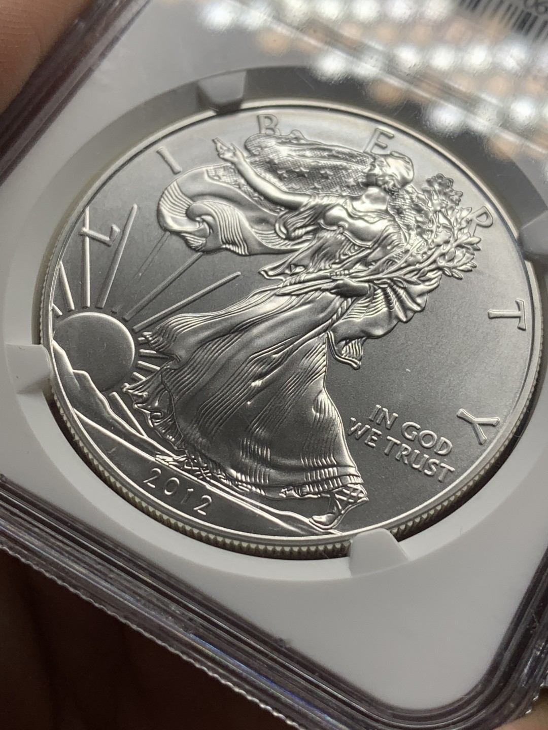 《竞宝斋》第112场-周日，周一 ，2场连拍（全场包邮） NGC MS69 美国 2012年 行走女神 1美元1盎司银币 31克的大个