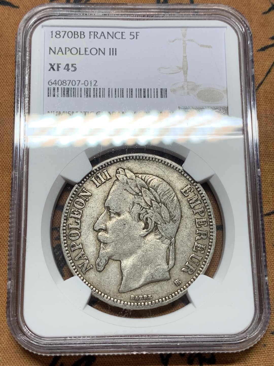 《竞宝斋》第112场-周日，周一 ，2场连拍（全场包邮） NGC-XF45 法国1870-BB年 拿破仑三世5法郎大银币