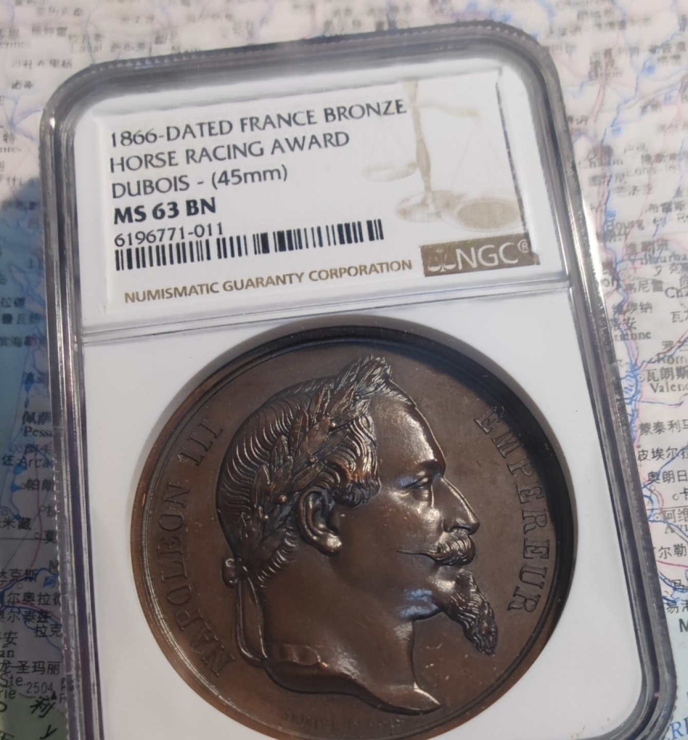 八角银章NGC章牌特卖会 1866法国赛马大赛纪念铜章加厚盒