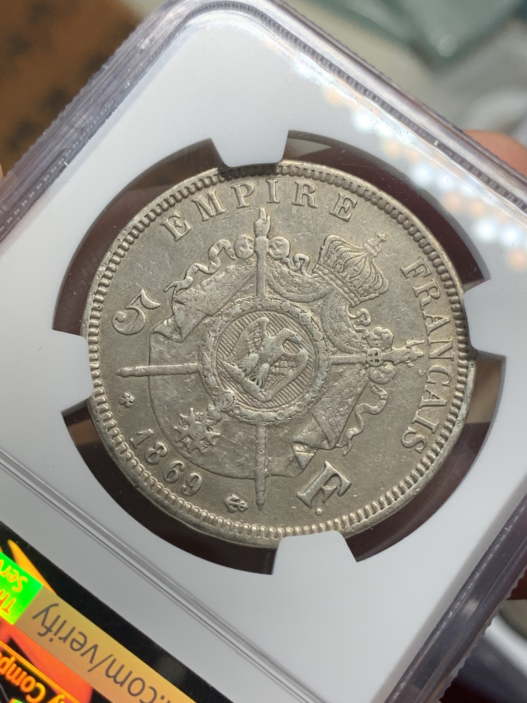 《竞宝斋》第112场-周日，周一 ，2场连拍（全场包邮） NGC XF 法国1869年拿三5法郎 银币