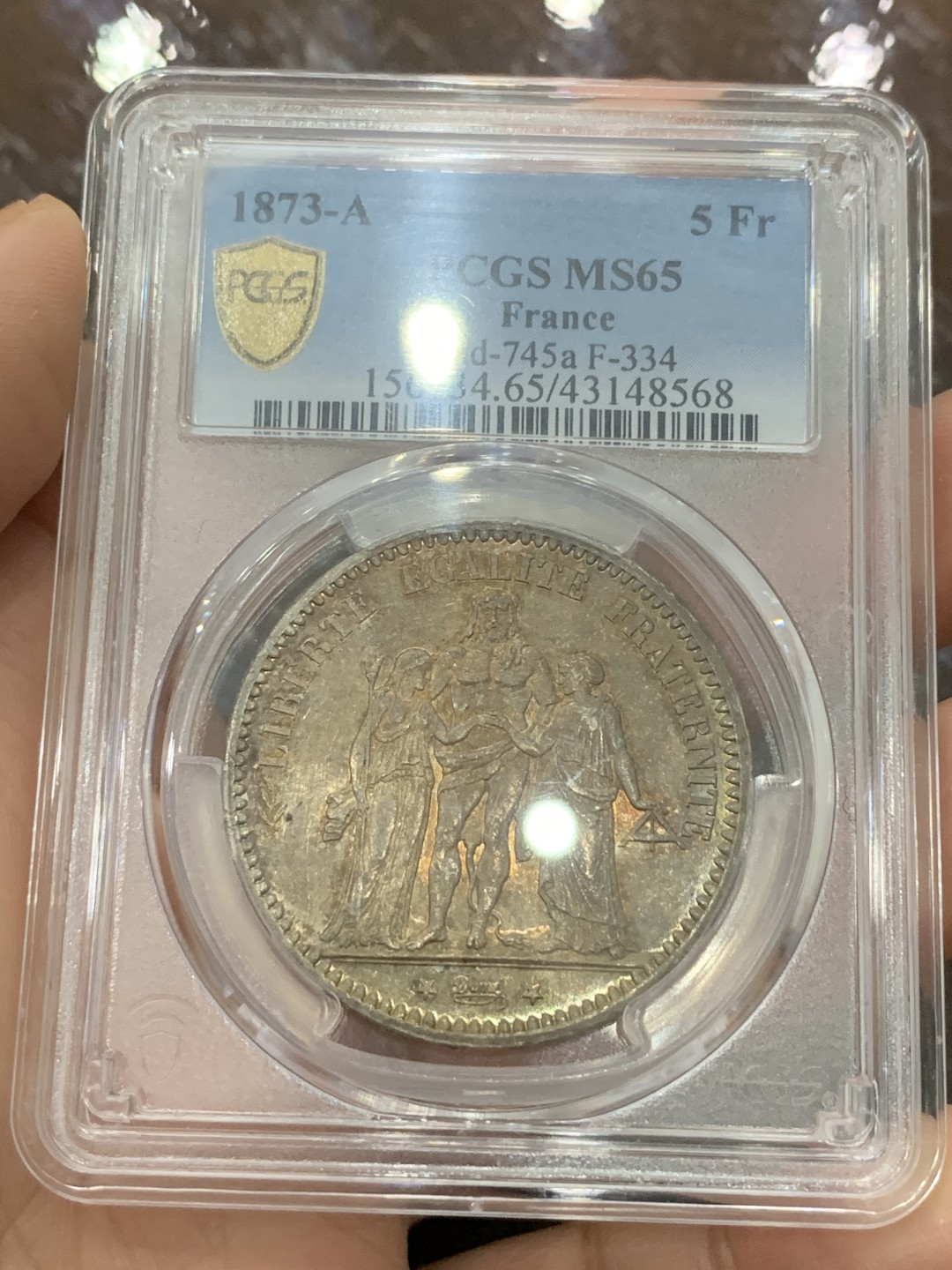 《竞宝斋》第112场-周日，周一 ，2场连拍（全场包邮） PCGS MS65 五彩法国1873年大力神5法郎银币高分好状态镜面底板
