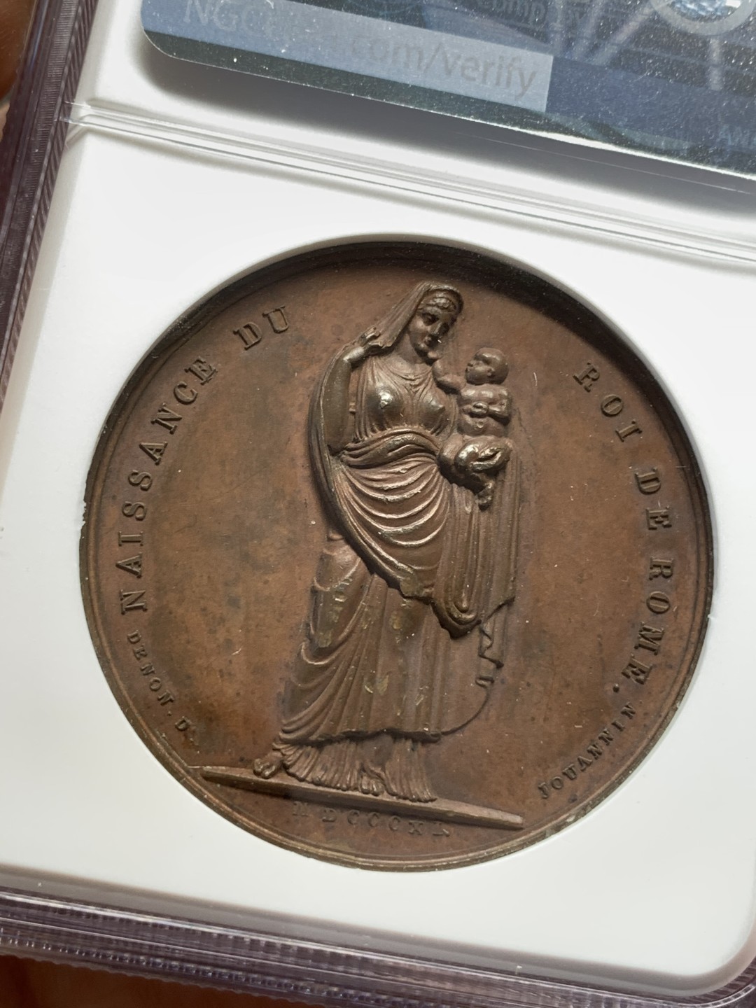 《竞宝斋》第112场-周日，周一 ，2场连拍（全场包邮） NGC MS63 法国 1811年 拿破仑二世 降生纪念 背面为皇后像环抱婴儿 N错标1840 需要反思 40.7mm直径大规格