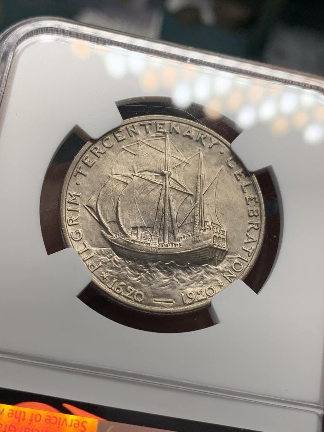 《竞宝斋》第112场-周日，周一 ，2场连拍（全场包邮） NGC MS63 美国1920年 清教徒 移民 纪念半圆银币 低评