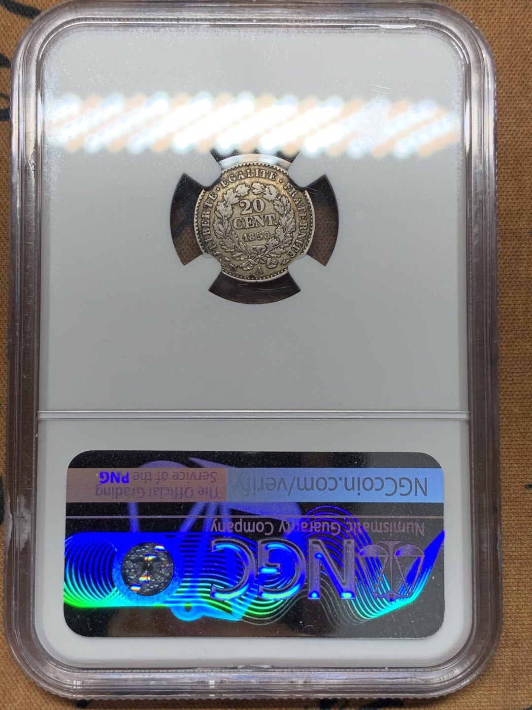 《竞宝斋》第112场-周日，周一 ，2场连拍（全场包邮） NGC-AU55 1850A 法国谷物女神20分银币 不常见的面值 小的还可以玩玩
