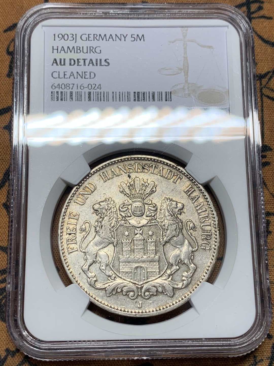 《竞宝斋》第112场-周日，周一 ，2场连拍（全场包邮） NGC-AU 德国汉堡 1903年双狮盾牌 5马克大银币 这个可以从新送评 单车变摩托
