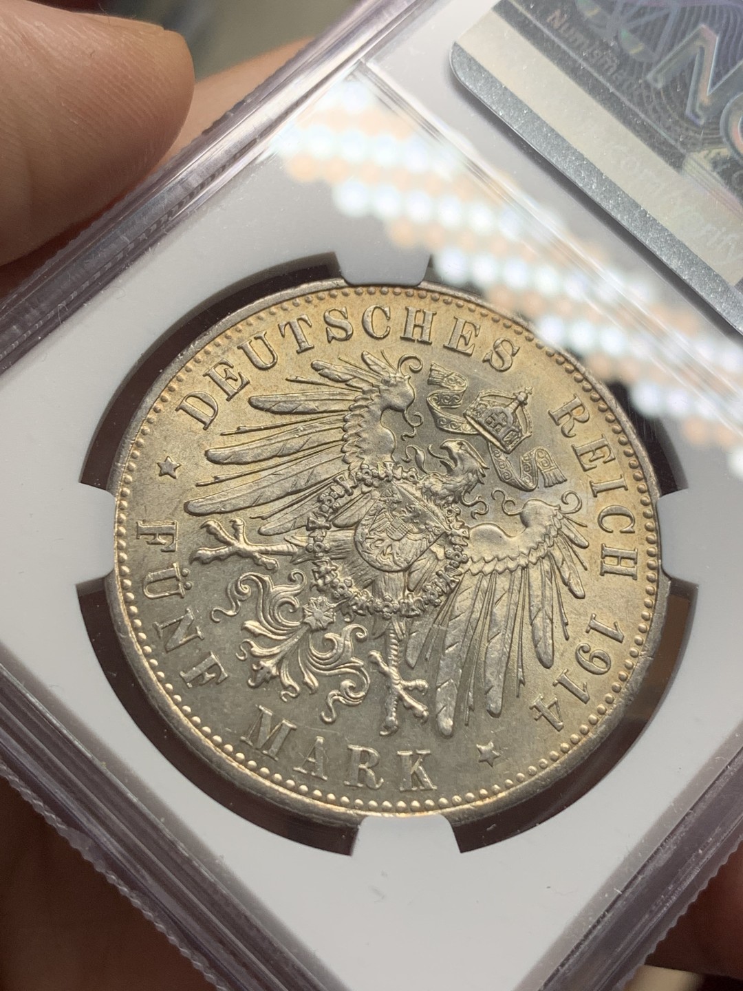 《竞宝斋》第112场-周日，周一 ，2场连拍（全场包邮） NGC-MS61 德国普鲁士1913年威廉二世军装5马克大银币