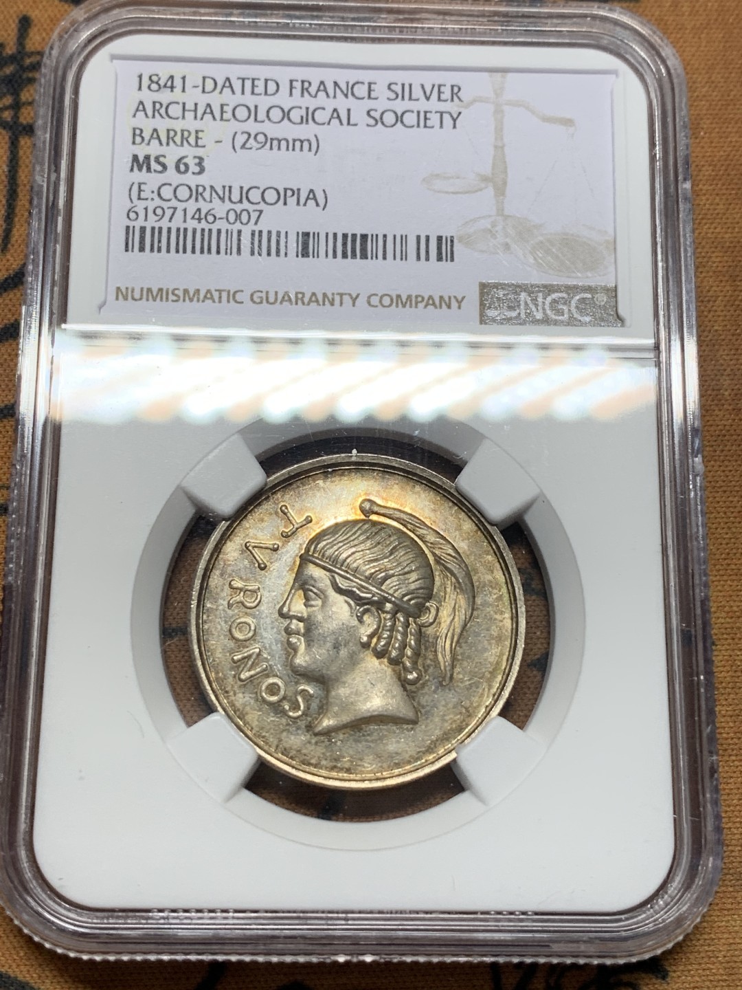 《竞宝斋》第112场-周日，周一 ，2场连拍（全场包邮） NGC MS63  1841年法国考古协会银章代用币 稀少品种 顶级品相