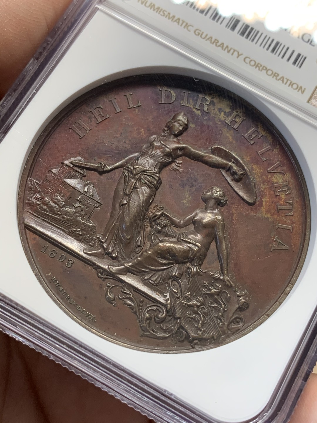 《竞宝斋》第112场-周日，周一 ，2场连拍（全场包邮） NGC UNC 瑞士 1890 弗劳恩菲儿德射击节 铜章 好细节高浮雕 加厚盒子