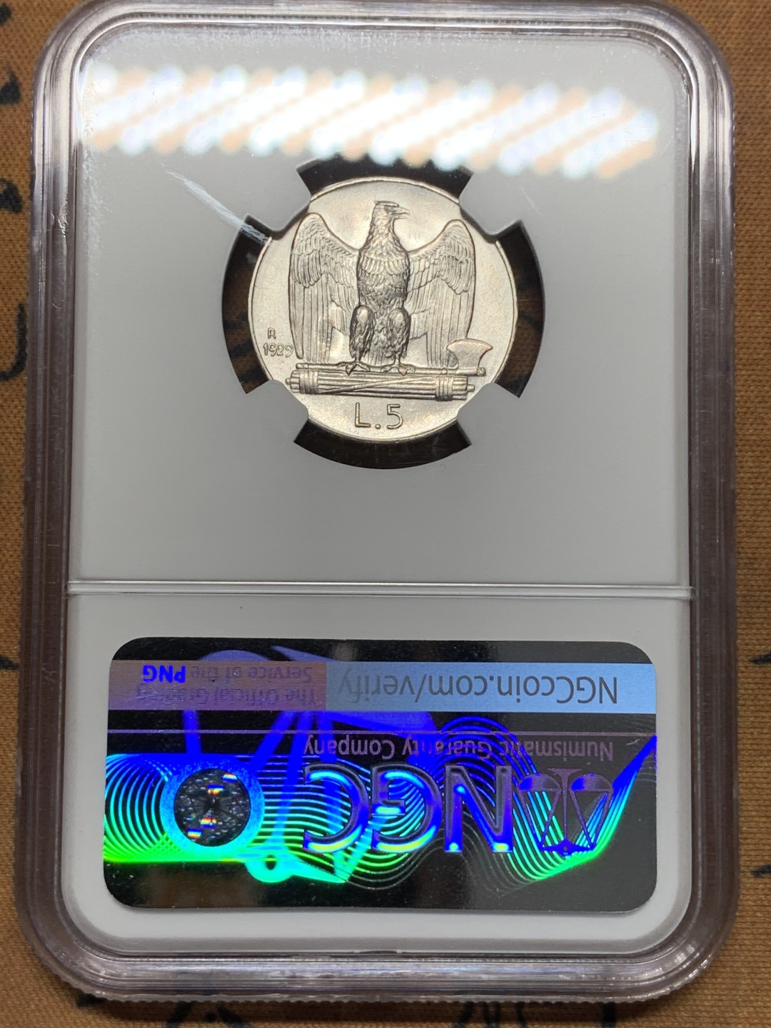 《竞宝斋》第112场-周日，周一 ，2场连拍（全场包邮） NGC MS63 意大利1929年R 5里拉银币 季军 **FERT**