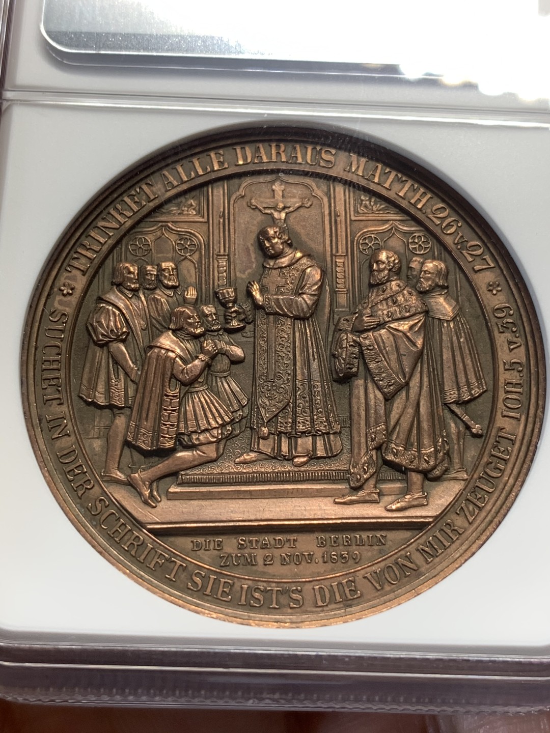 《竞宝斋》第112场-周日，周一 ，2场连拍（全场包邮） NGC UNC 德国1839宗教改革三百周年纪念铜章 加厚盒