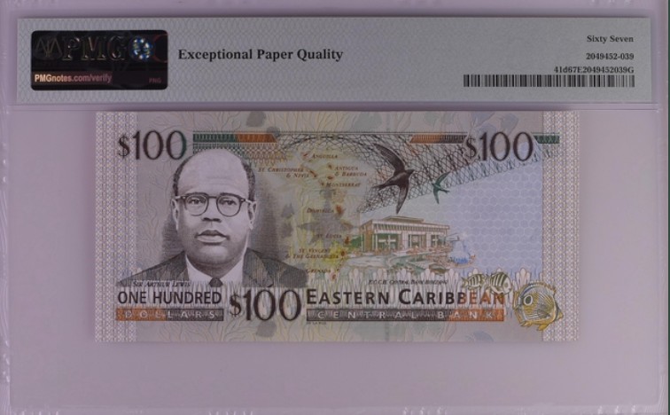 收藏联盟Quantum Auction 第204期拍卖 东加勒比国家(多米尼加)2000年100元 PMG67 号码无4