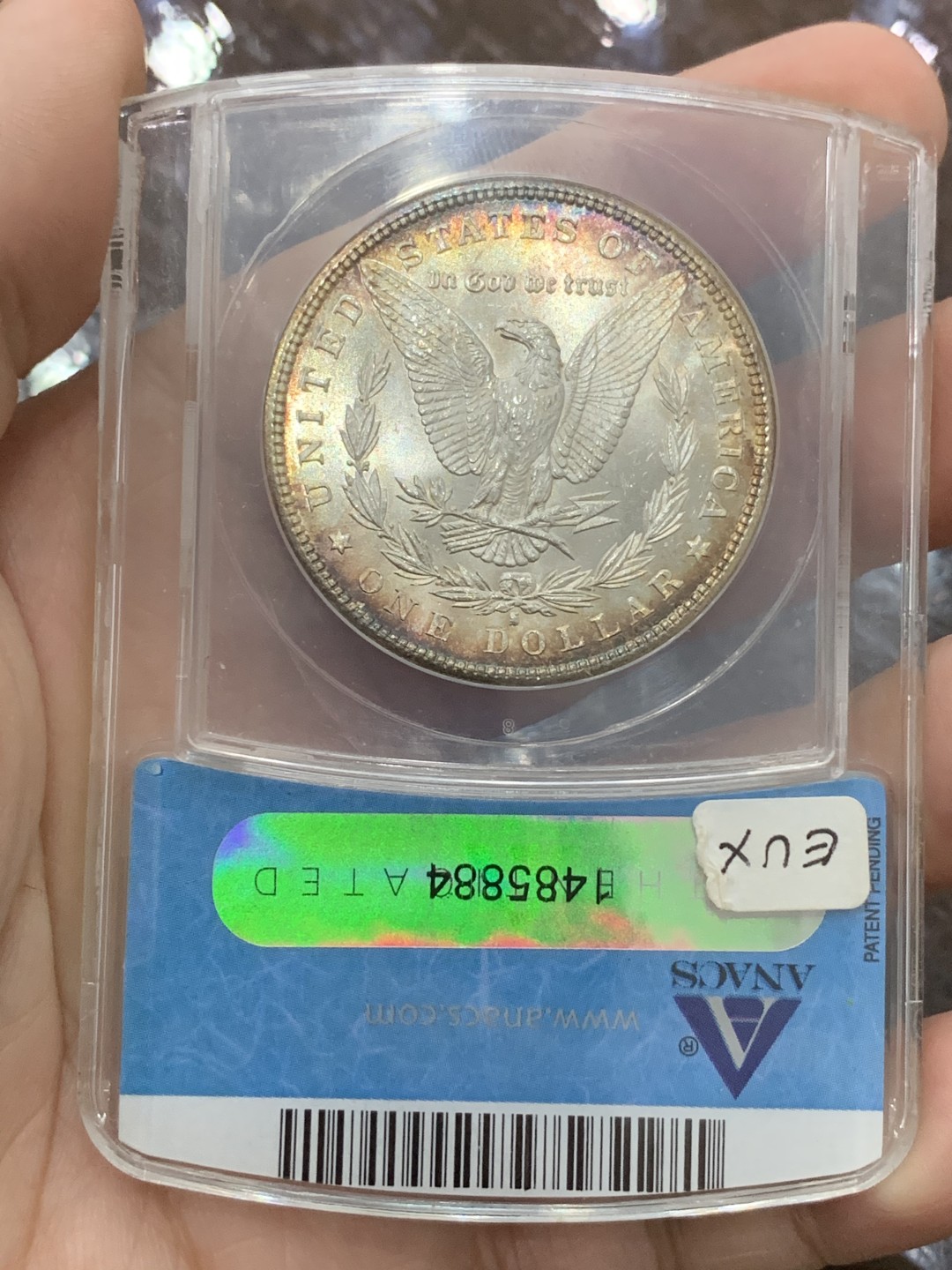 《竞宝斋》第112场-周日，周一 ，2场连拍（全场包邮） ANACS MS64 美国 1881年S版 摩根银币 五彩转光 这个评级常常有惊喜