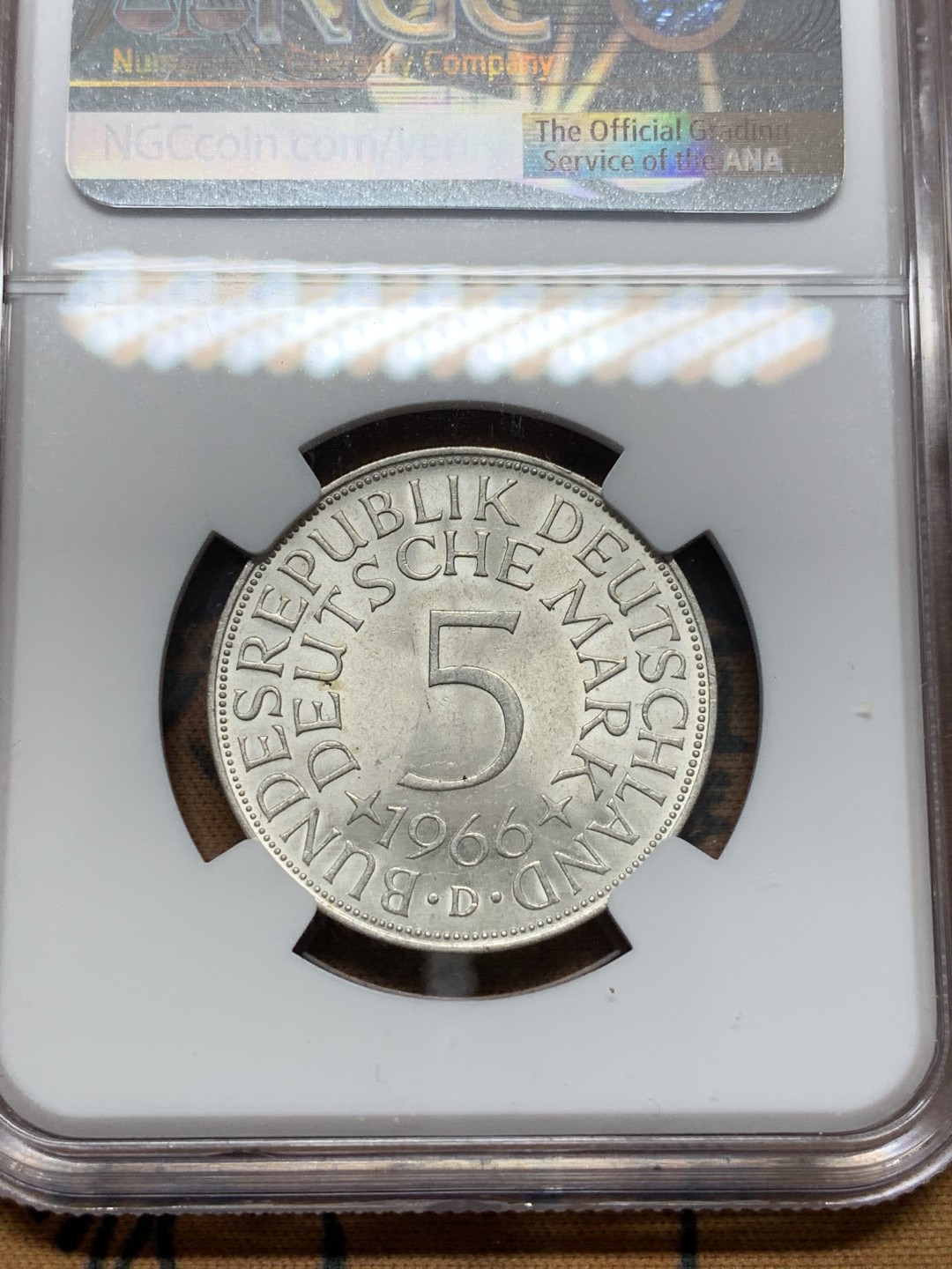 《竞宝斋》第112场-周日，周一 ，2场连拍（全场包邮） NGC-MS66 冠军分 德国1966年 鹰徽5马克银币