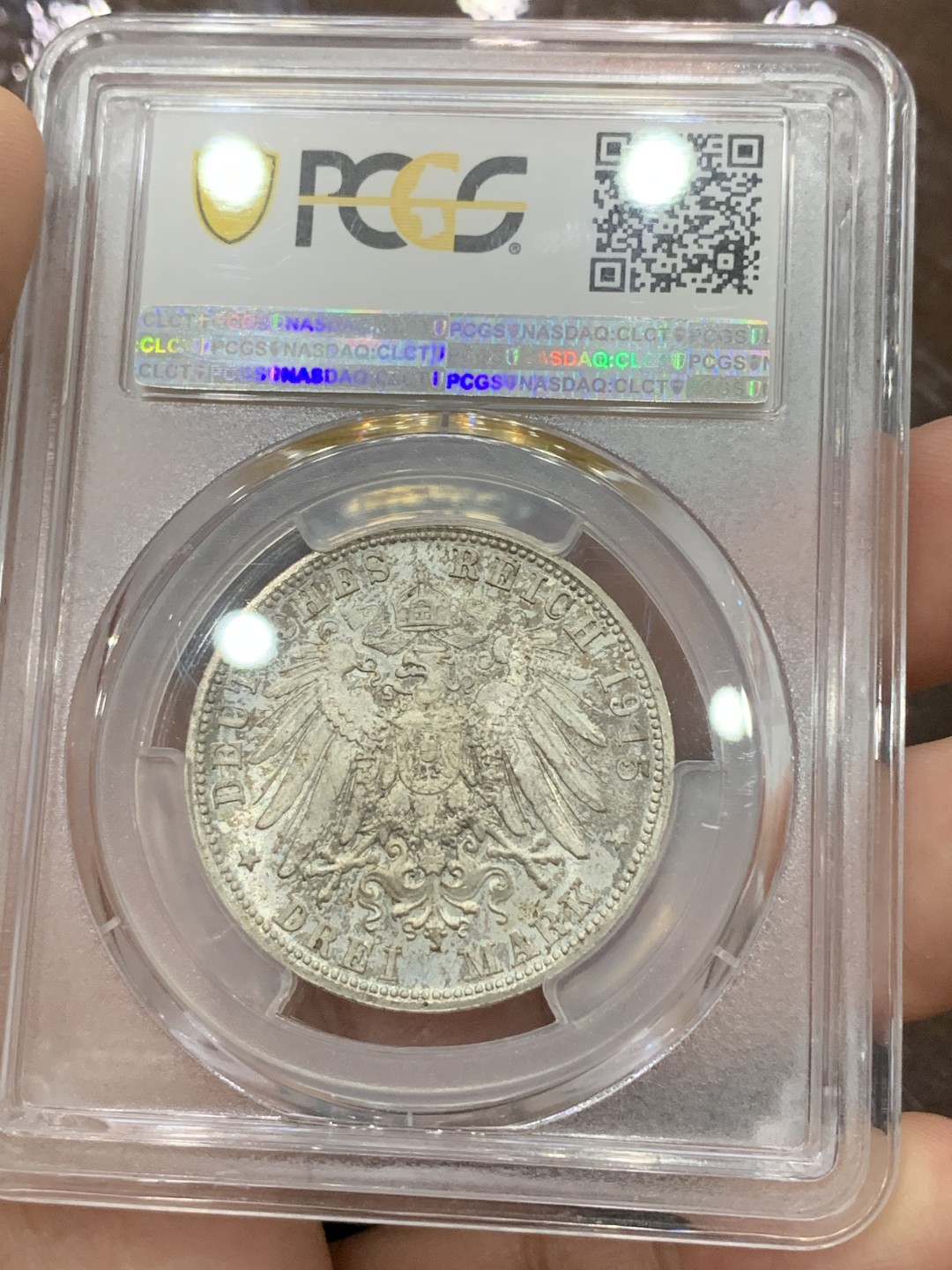 《竞宝斋》第112场-周日，周一 ，2场连拍（全场包邮） PCGS-MS66,德国1915年梅宁根3马克银币,大导演纪念3马克，纸袋包浆，盒子反面有损但不影响