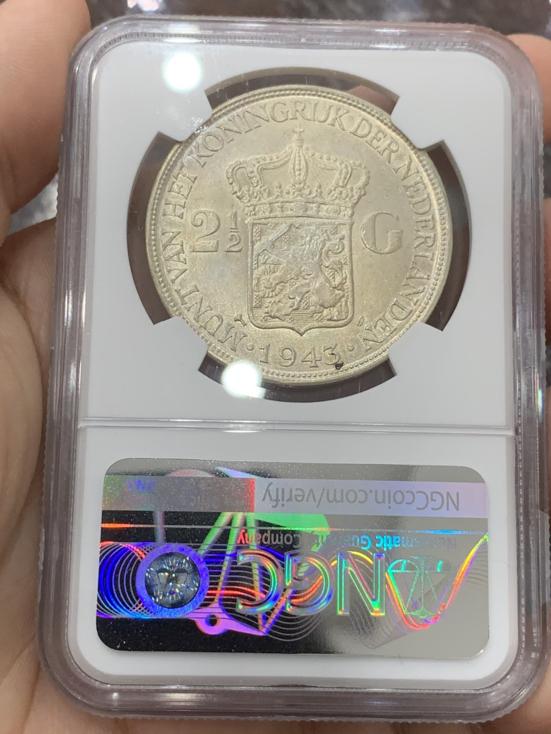 《竞宝斋》第112场-周日，周一 ，2场连拍（全场包邮） NGC-MS64 荷属东印度 1943年 威廉米娜女王 2.5盾大银币 原光好品 稀少品种