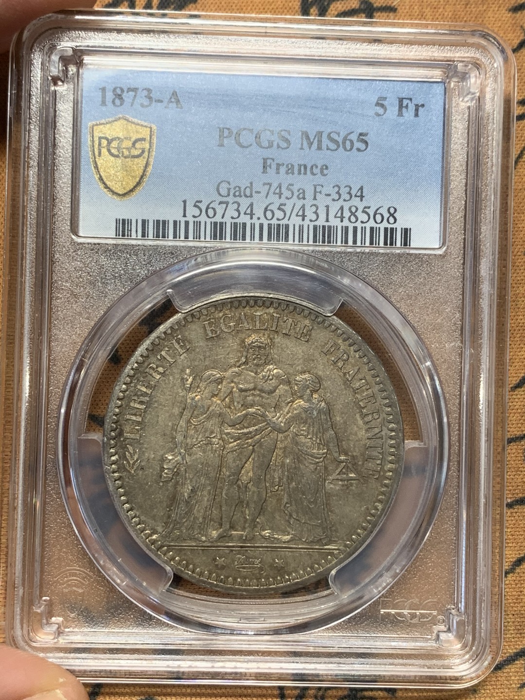 《竞宝斋》第112场-周日，周一 ，2场连拍（全场包邮） PCGS MS65 五彩法国1873年大力神5法郎银币高分好状态镜面底板