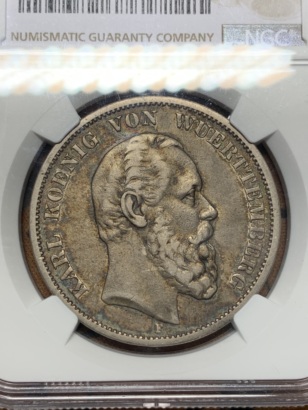 《竞宝斋》第112场-周日，周一 ，2场连拍（全场包邮） NGC VF35 1875年符腾堡5马克银币 味道佳