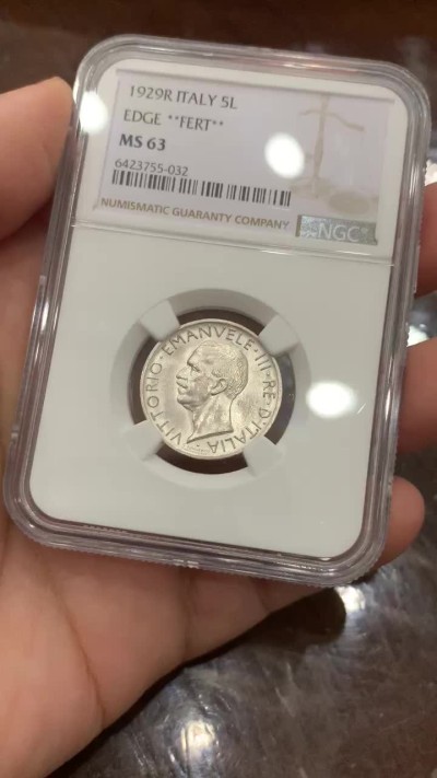 《竞宝斋》第112场-周日，周一 ，2场连拍（全场包邮） NGC MS63 意大利1929年R 5里拉银币 季军 **FERT**