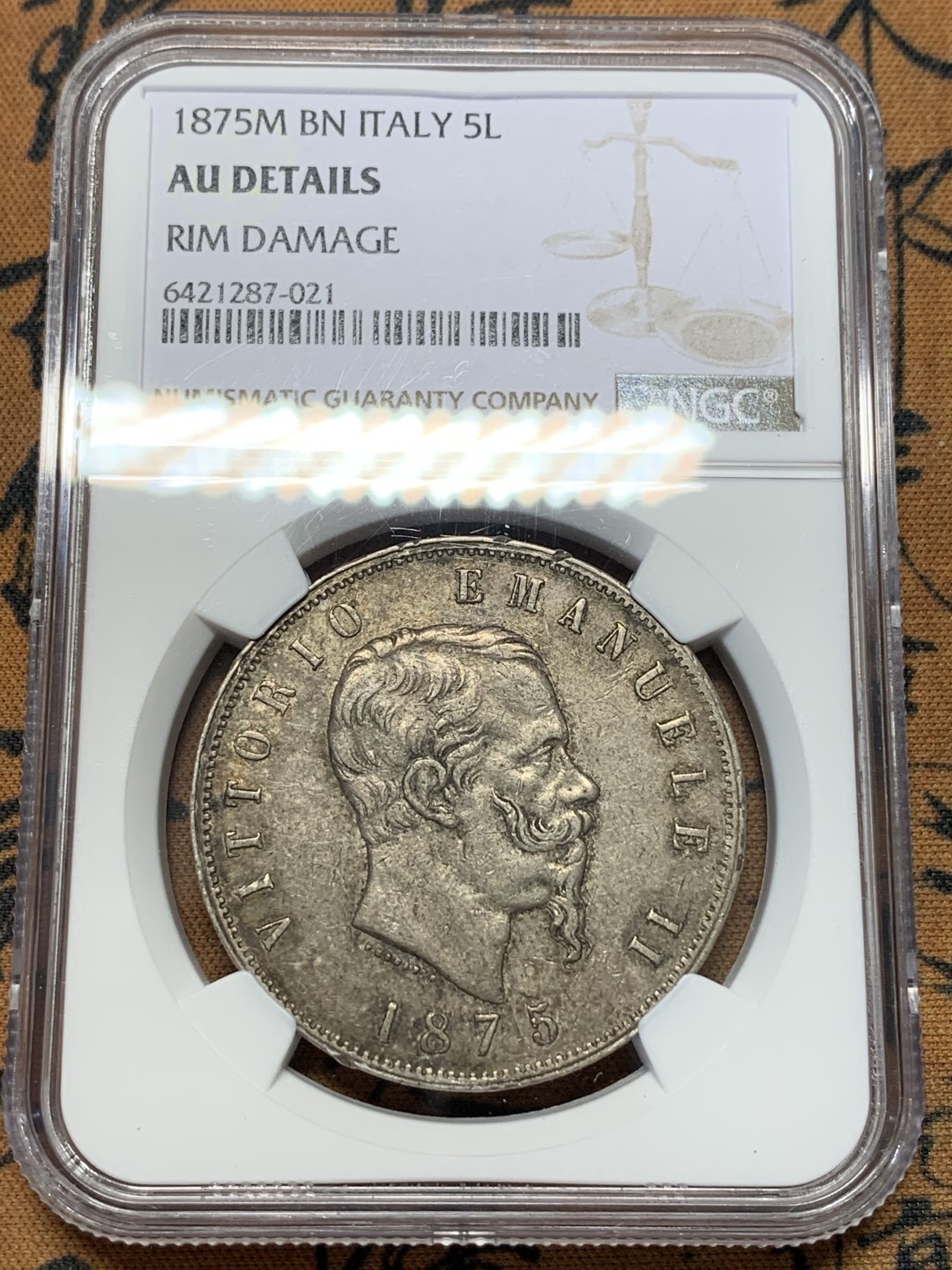 《竞宝斋》第112场-周日，周一 ，2场连拍（全场包邮） NGC AU 1875年 意大利 5里拉 原味银币