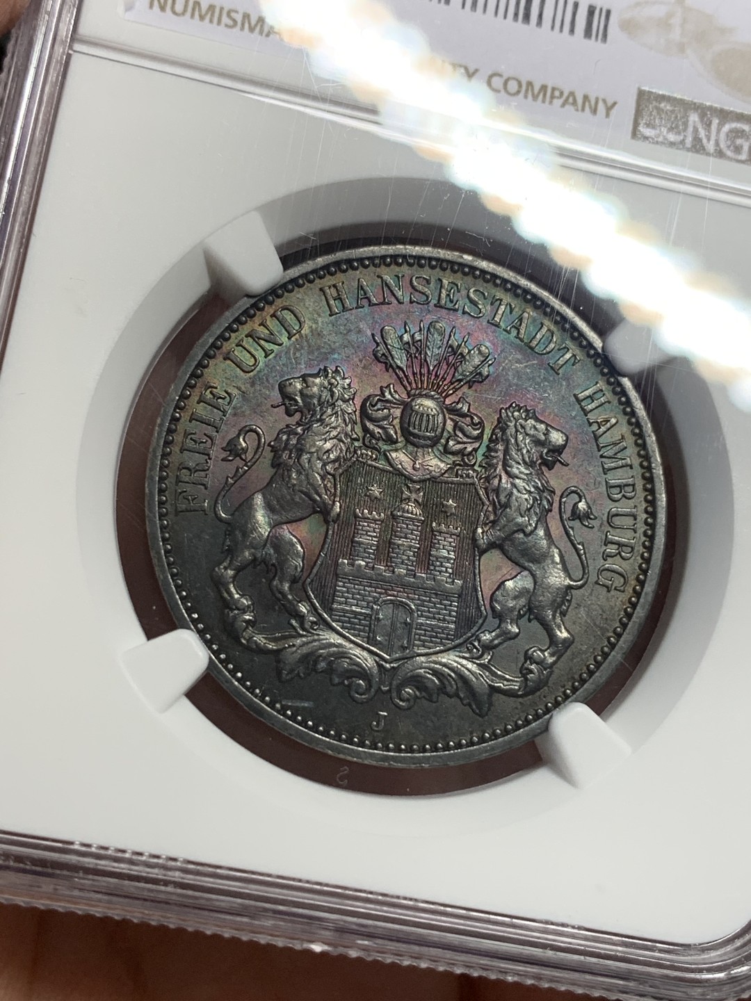 《竞宝斋》第112场-周日，周一 ，2场连拍（全场包邮） NGC-AU58 德国汉堡 1911年 双狮盾牌3马克银币 黑彩包浆 出分不易