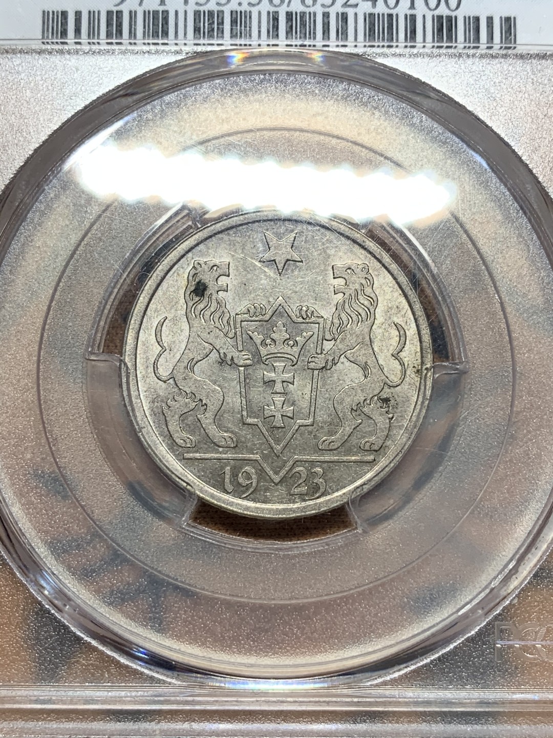 《竞宝斋》第112场-周日，周一 ，2场连拍（全场包邮） PCGS-AU58 1923年 但泽自由市双狮1盾银币 转光流畅，光度不输MS。日耳曼人与斯拉夫人几个世纪的争夺焦点，二战的开幕之地
