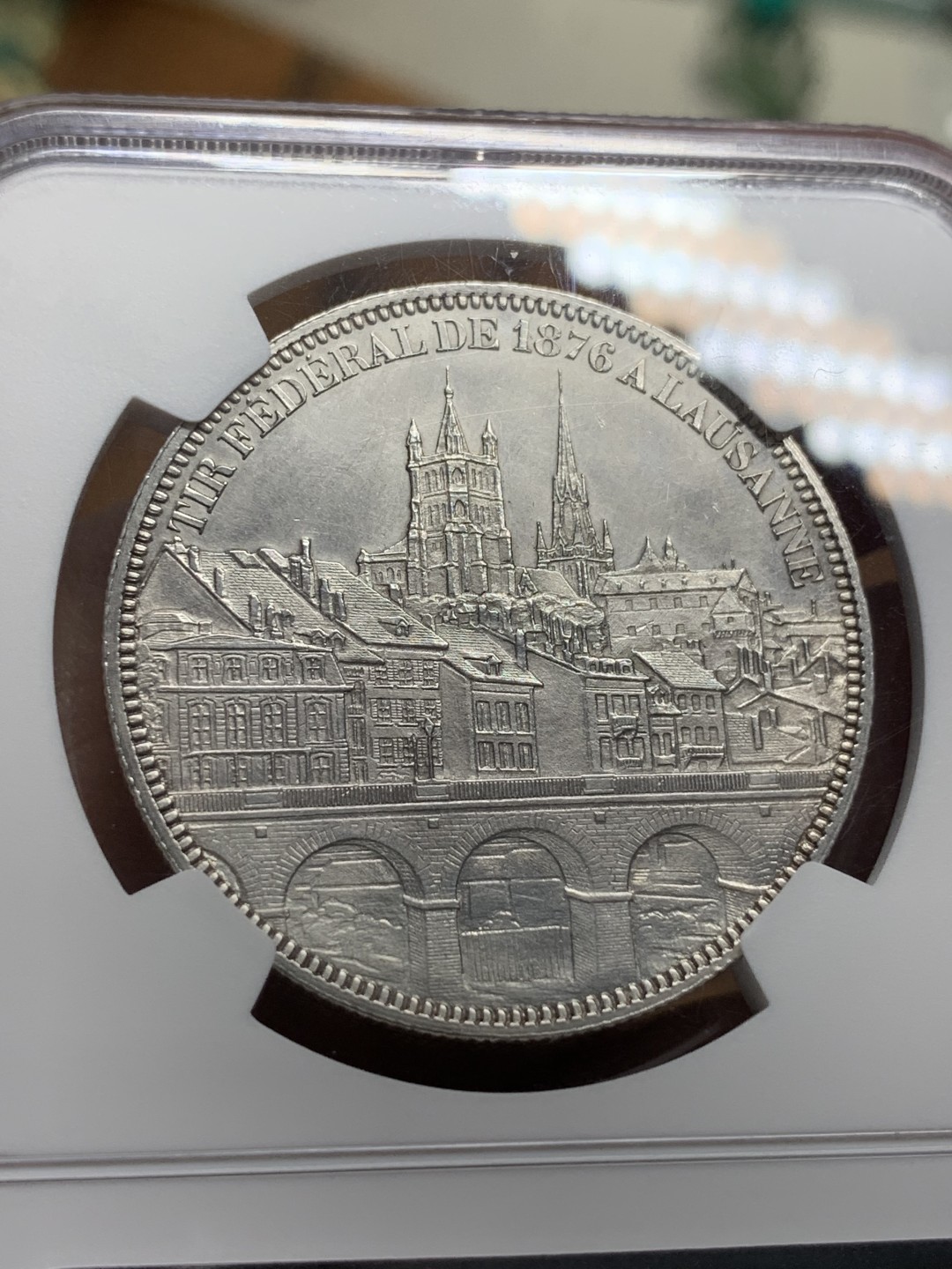 《竞宝斋》第112场-周日，周一 ，2场连拍（全场包邮） NGC UNC 瑞士 洛桑射击节 5法郎 银币 发行量2W 枚 底板好 整体无磨损