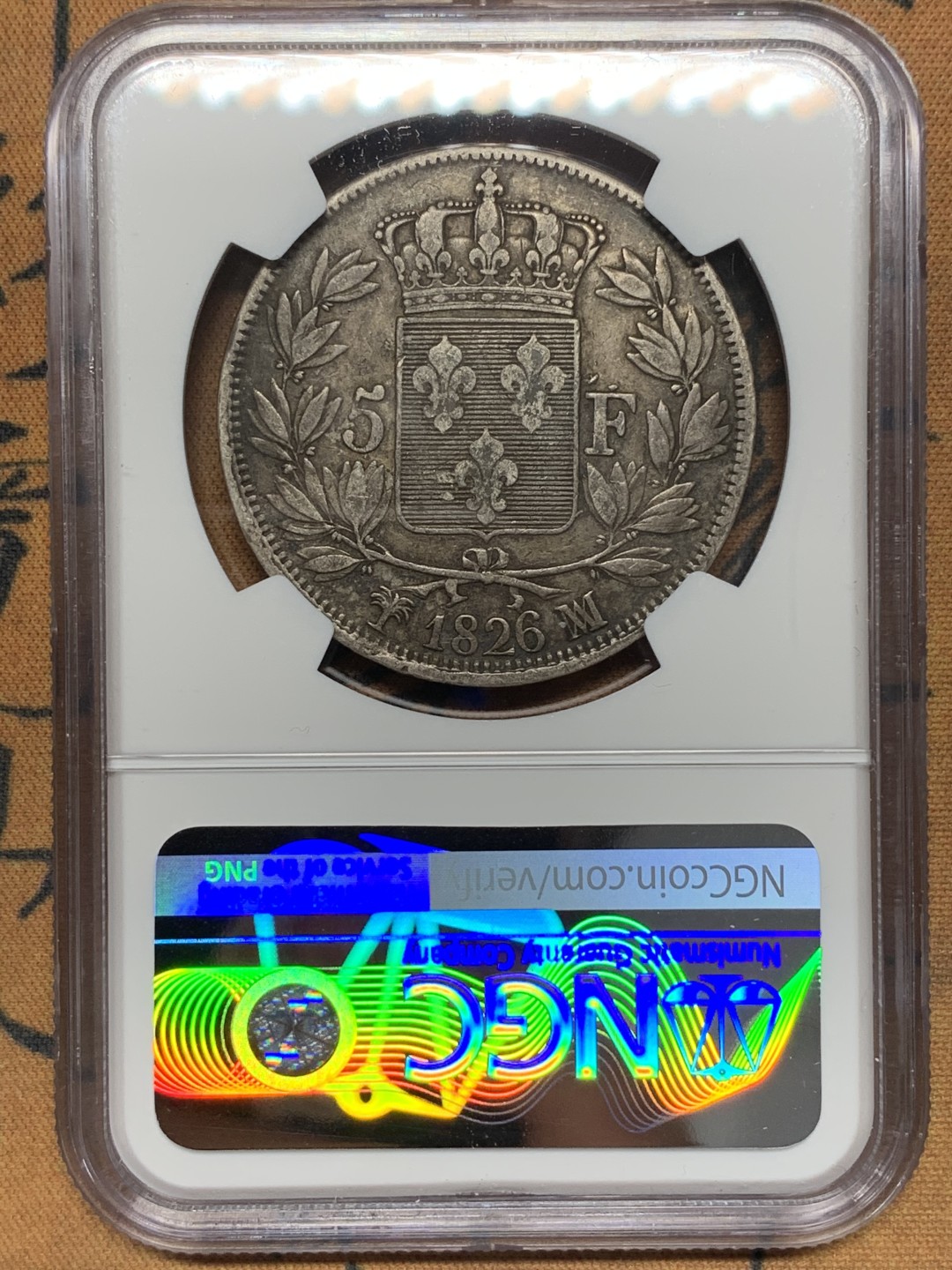 《竞宝斋》第112场-周日，周一 ，2场连拍（全场包邮） 第三名 NGC-XF40 法国1826-MA年 查理十世 5法郎大银币 传世老包浆 非常漂亮
