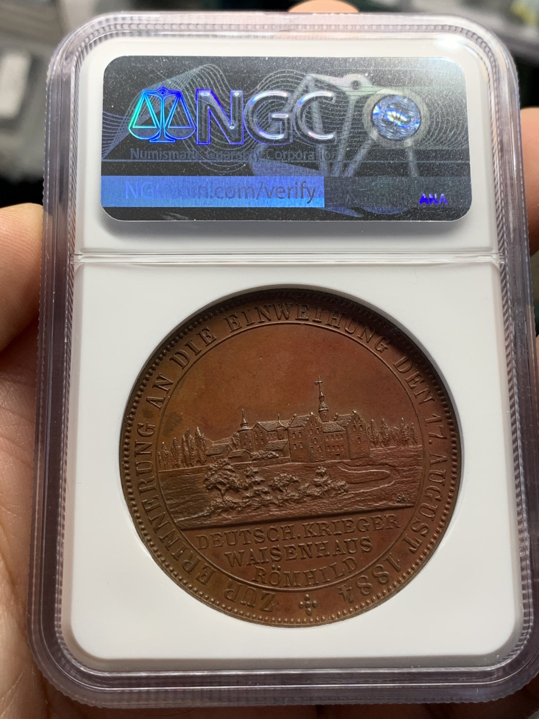 《竞宝斋》第112场-周日，周一 ，2场连拍（全场包邮） NGC MS62BN 德国1884玛丽恩堡落成纪念城市景观铜章 加厚盒子