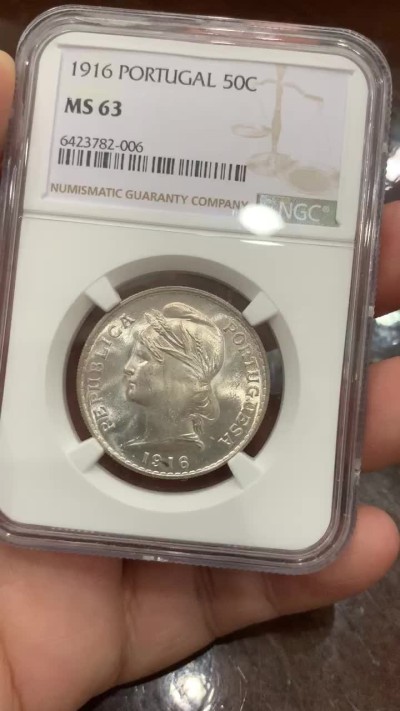《竞宝斋》第112场-周日，周一 ，2场连拍（全场包邮） NGC-MS63 葡萄牙1916年 自由女神头像 50分半圆形银币 粉光好品