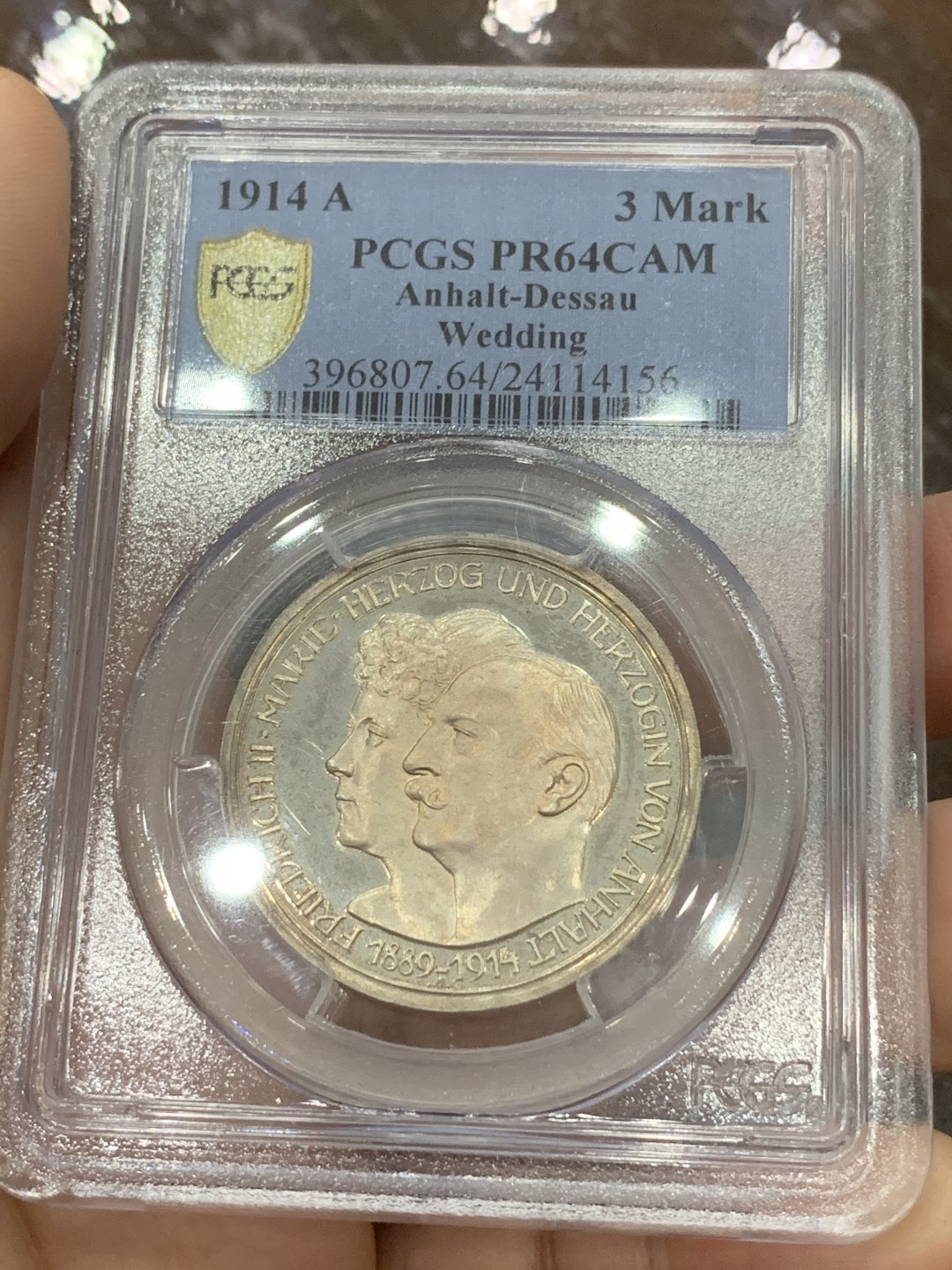 《竞宝斋》第112场-周日，周一 ，2场连拍（全场包邮） PCGS-PR64CAM,德国1914年安哈特德绍，结婚纪念3马克精制银币，玫瑰金包浆