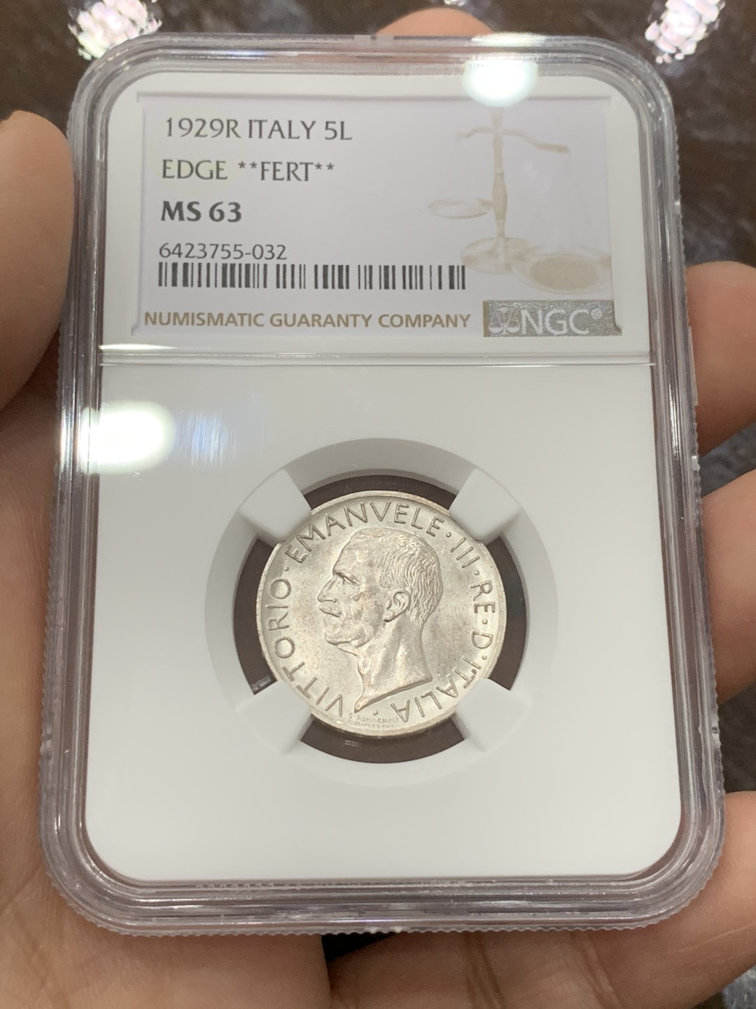 《竞宝斋》第112场-周日，周一 ，2场连拍（全场包邮） NGC MS63 意大利1929年R 5里拉银币 季军 **FERT**