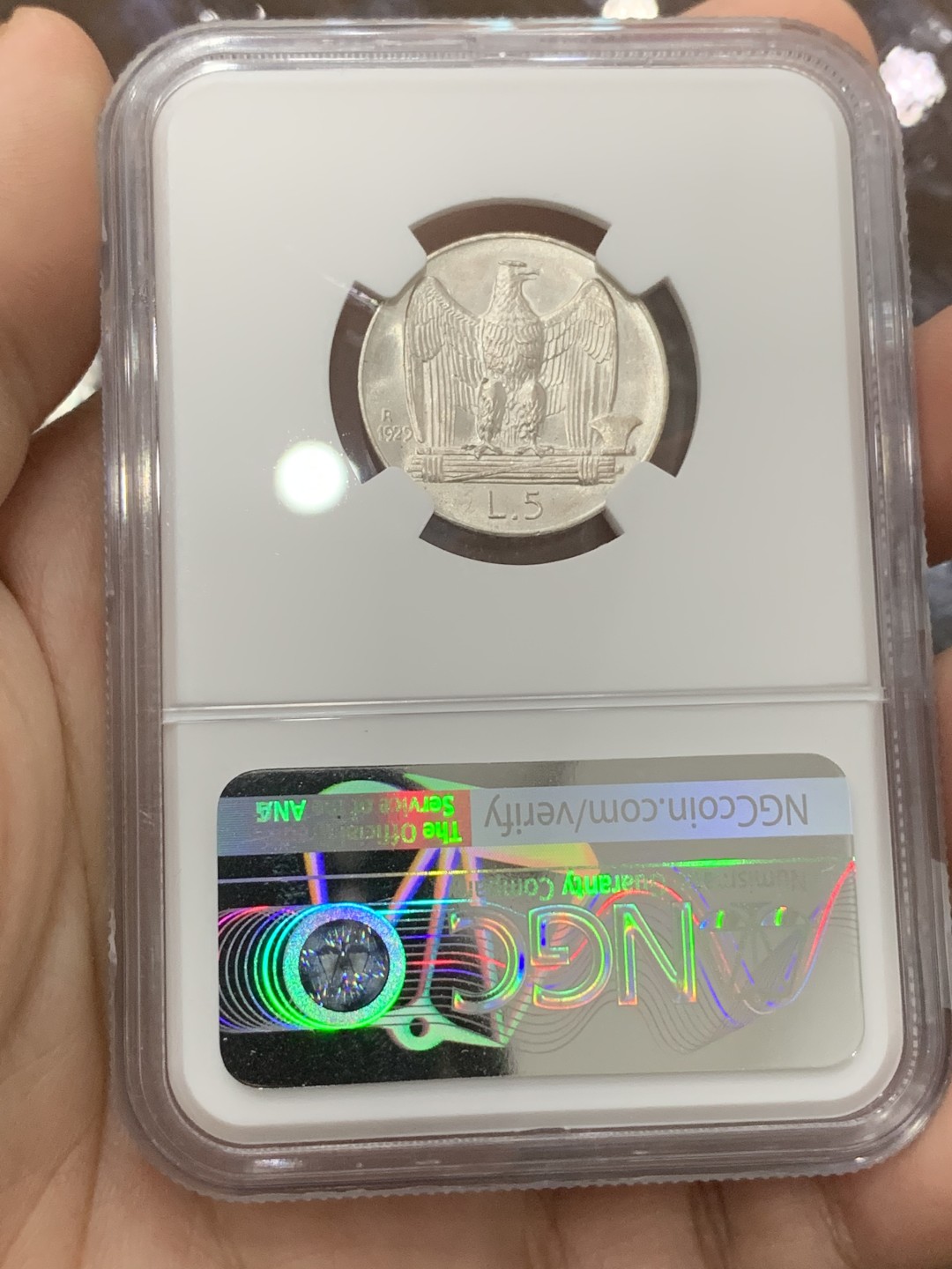 《竞宝斋》第112场-周日，周一 ，2场连拍（全场包邮） NGC MS63 意大利1929年R 5里拉银币 季军 **FERT**