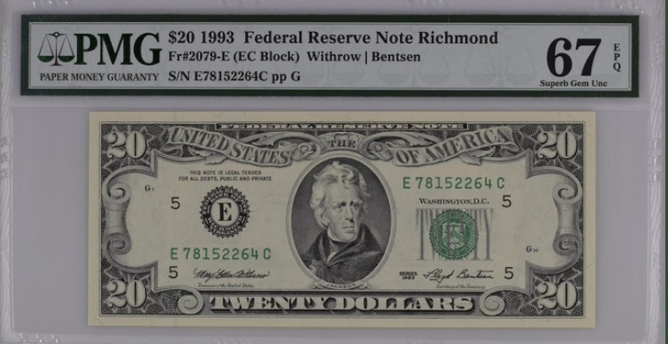 收藏联盟Quantum Auction 第204期拍卖 美国联邦储备券1993年20元 PMG67 白宫阳台