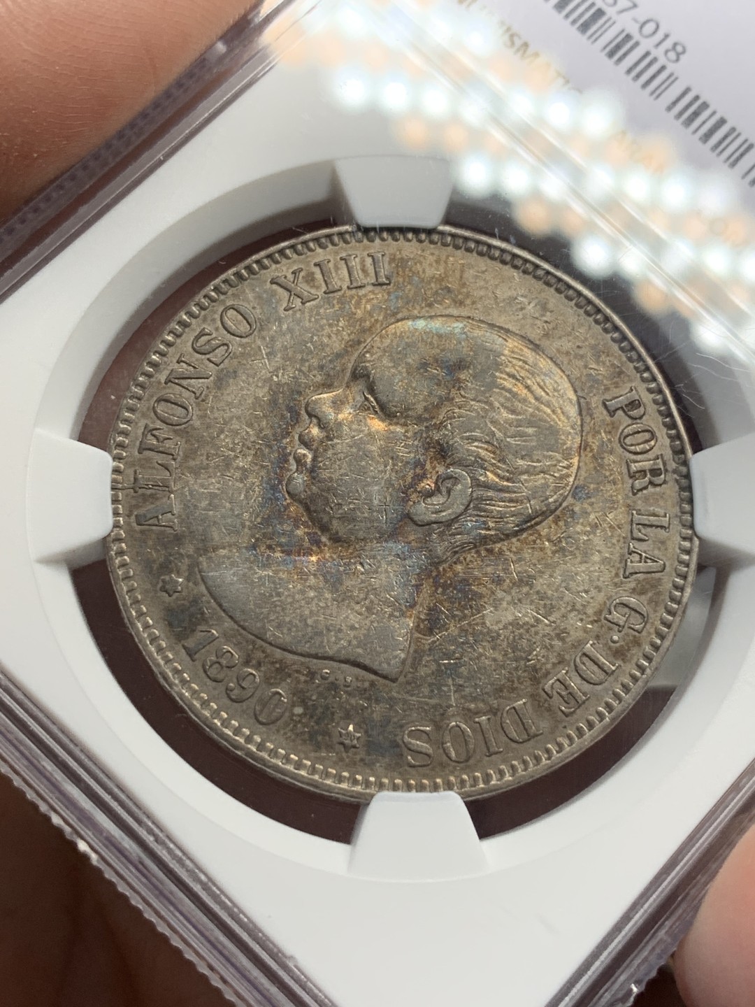 《竞宝斋》第112场-周日，周一 ，2场连拍（全场包邮） NGC XF45 西班牙1890年光头版阿方索十三世5比塞塔银币