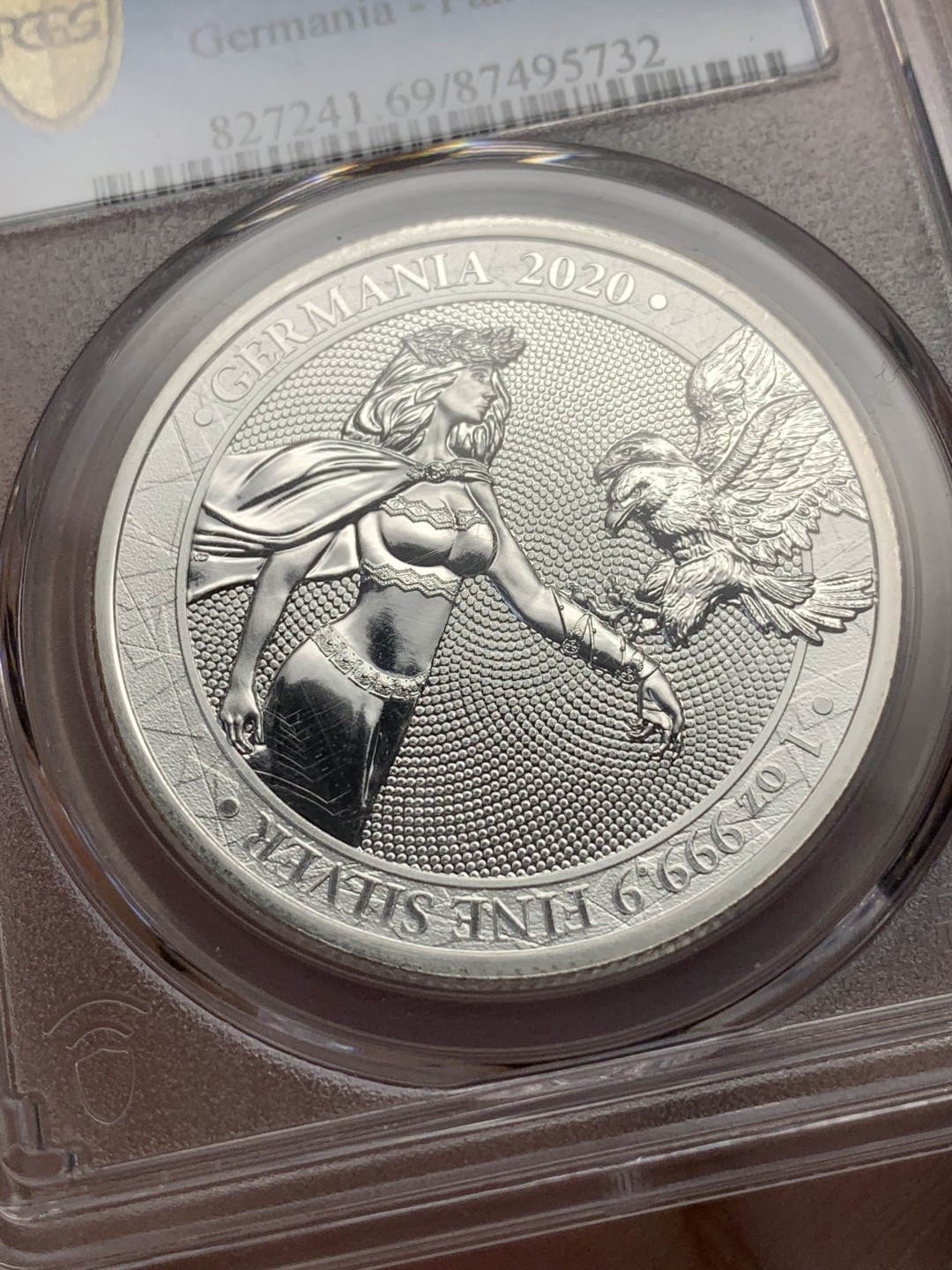 《竞宝斋》第112场-周日，周一 ，2场连拍（全场包邮） PCGS-MS69 德国2020年5马克纪念大银，日耳曼妮娅女神与雄鹰。日耳曼尼亚造币厂出品，女神系列，顶级分数