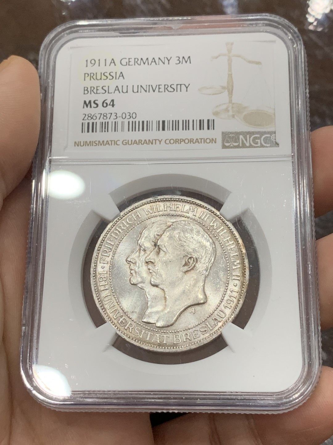 《竞宝斋》第112场-周日，周一 ，2场连拍（全场包邮） NGC MS64 德国普鲁士 1911年 布雷斯劳大学3马克 银币