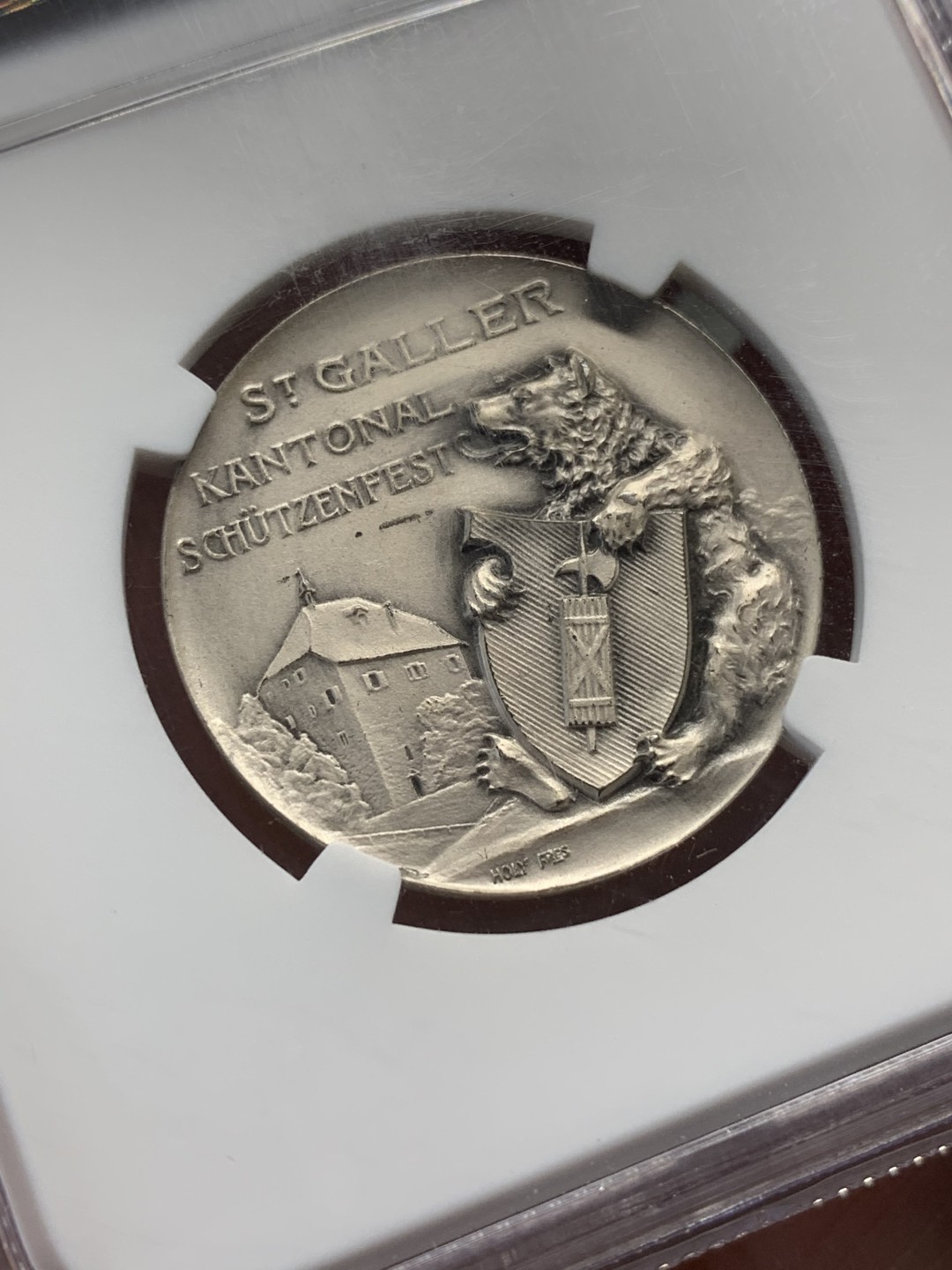 《竞宝斋》第112场-周日，周一 ，2场连拍（全场包邮） NGC MS64  1910年瑞士圣加仑射击节银章 生动形象 小熊憨厚可爱 市场流通量小于300枚